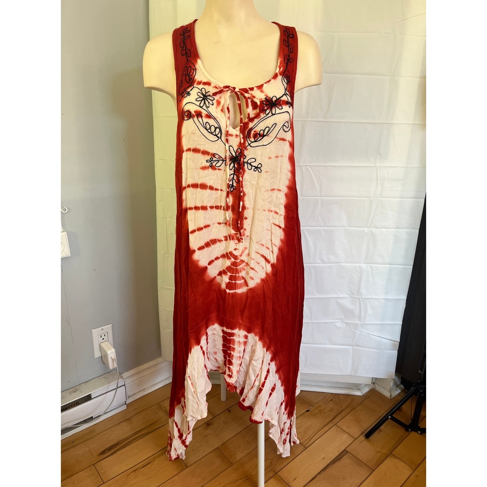 Vintage Sunflower Red White Tie Dye Embroidered Handkerchief Hem Boho Dress L